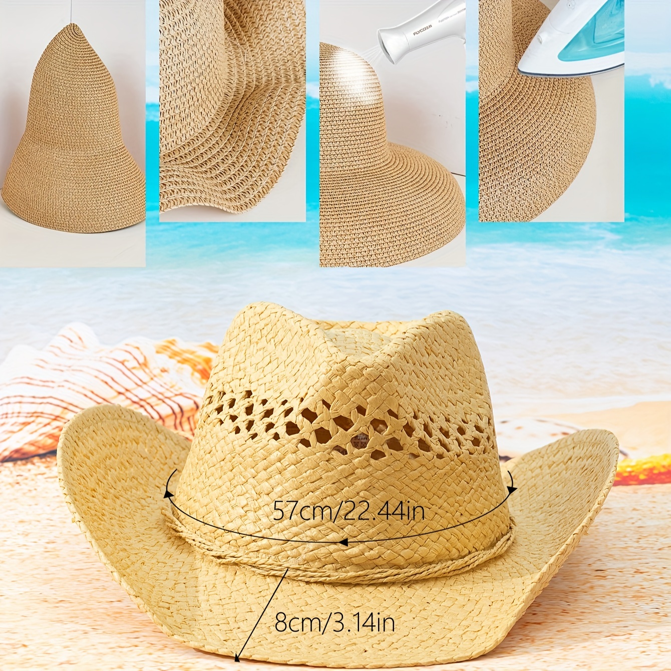 Men's Summer Punk Rock Style Straw Hat, Breathable Mesh Sun Hat, Bucket Hats, Wide Brim Cowboy Fishing Hat, Beach Holiday Accessory,Casual,Temu