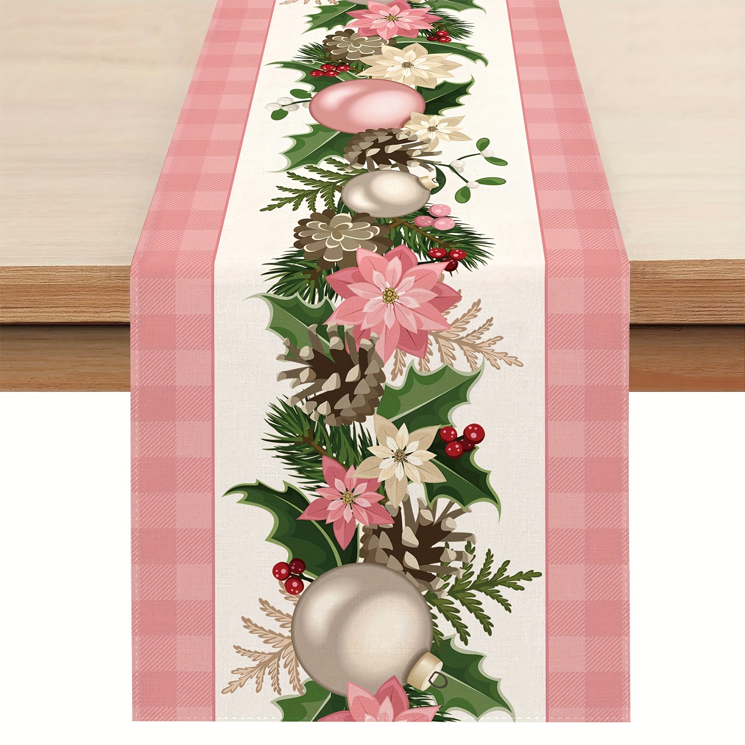 

1pc Pink Buffalo Check Christmas Table Runner, Seasonal Winter Christmas Holiday Farmhouse Decoration