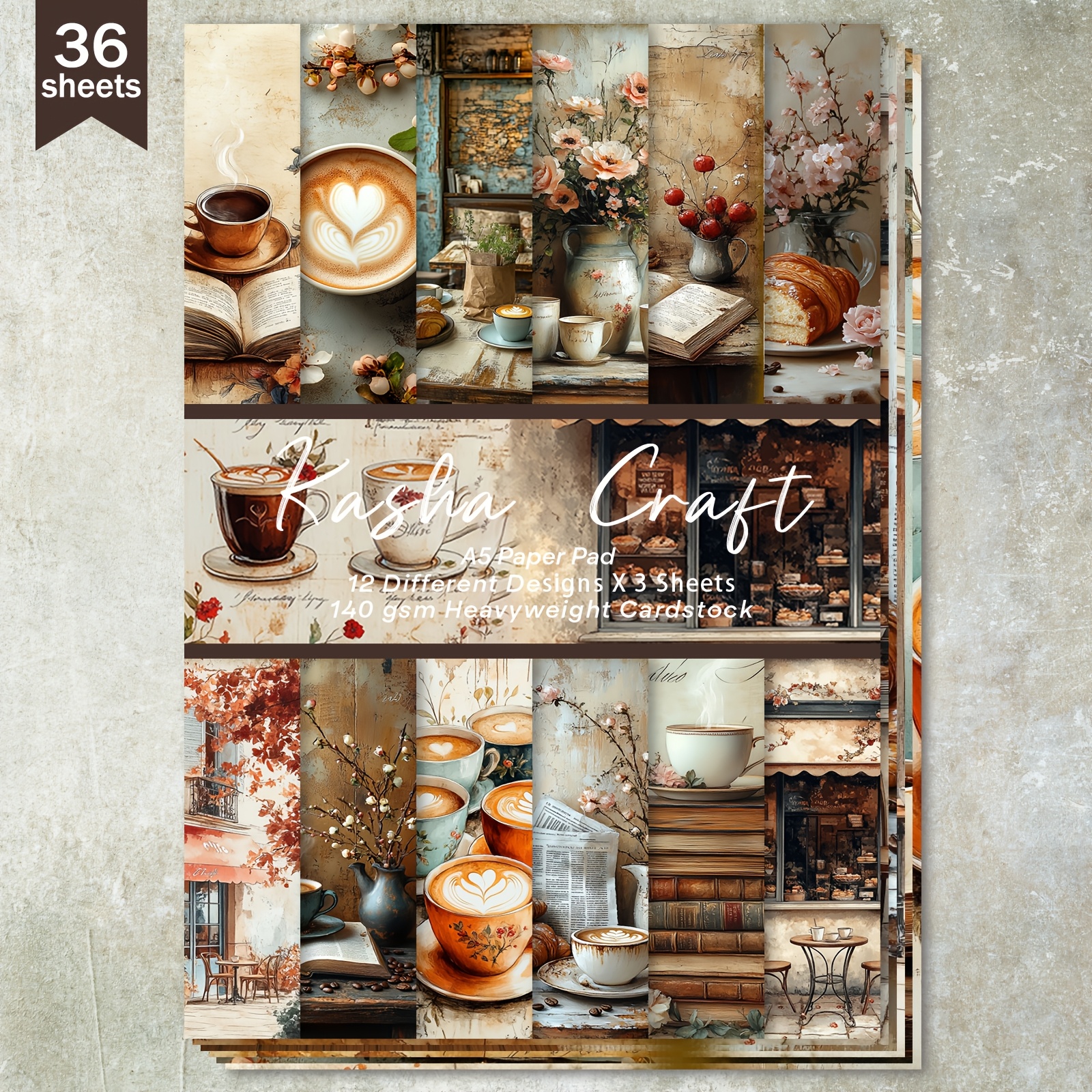 

36 Feuilles A5 (Arrière-plan de Café et Thé de l'Après-midi Rétro) Fin pour Scrapbooking, Adapté pour Journal , Magazine de Déchets, Fond de Carte de Vœux, Album et Artisanat