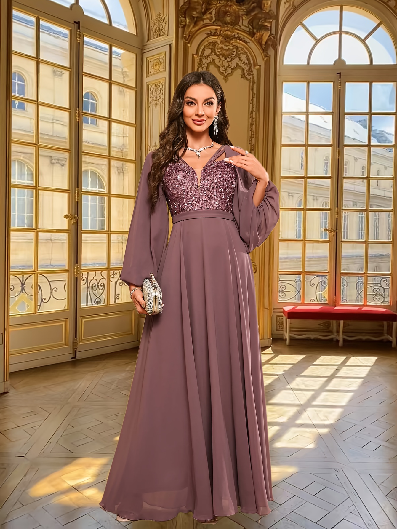 elegant long sleeve sequin accent gown women black fitted v - Temu Oman