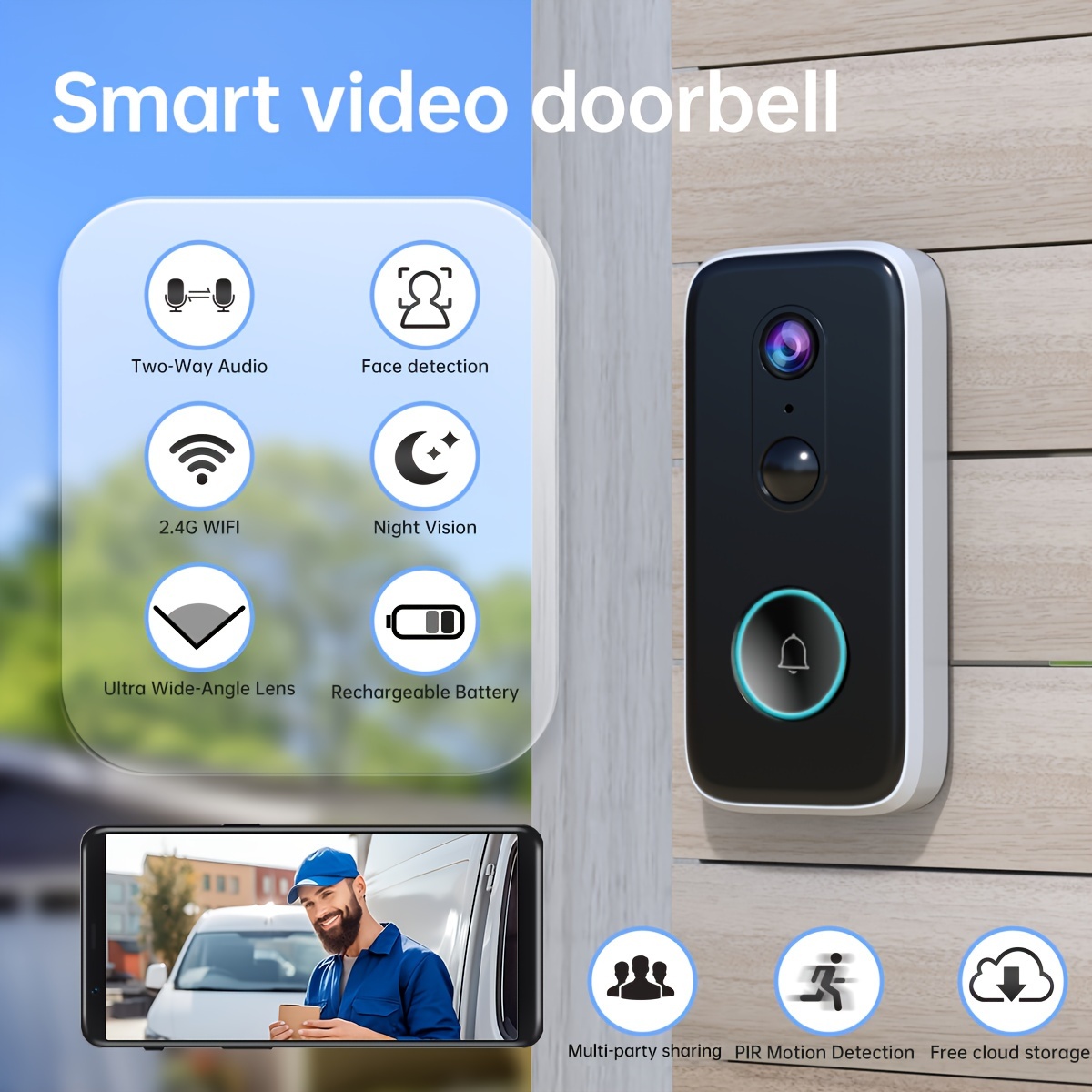 

2k Wireless Doorbell Camera, Intelligent Visual Doorbell Home Hd 2.4gwifi Rechargeable Security Door Doorbell, Pir Motion Detector, Free Storage Suitable For Halloween, Christmas, New Year, Gift