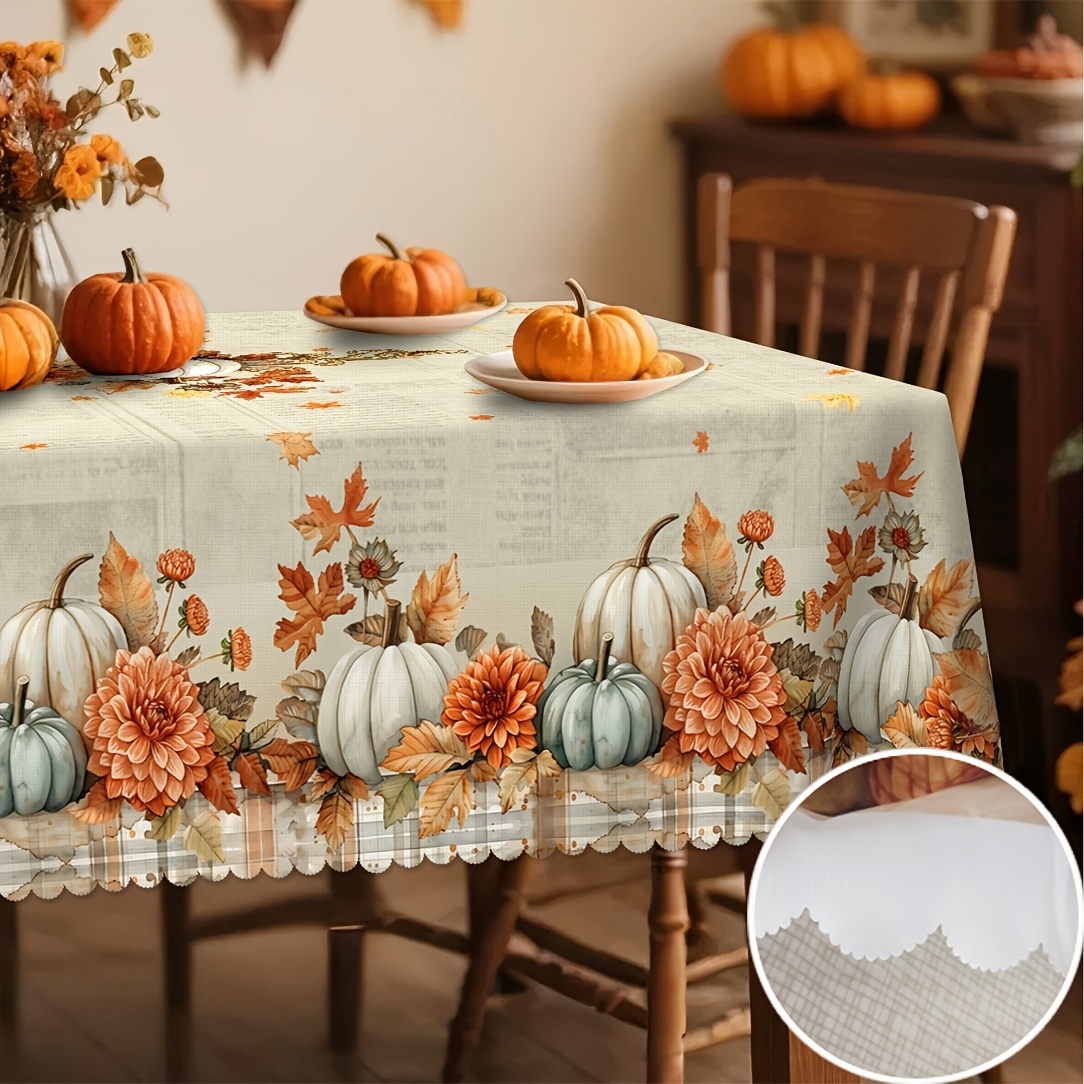 TEMU 1pc Tablecloth Thanksgiving Autumn Country Style Tablecloth, White Decor, Pumpkin And Floral Pattern, For Restaurant, Party, Family Dinner,