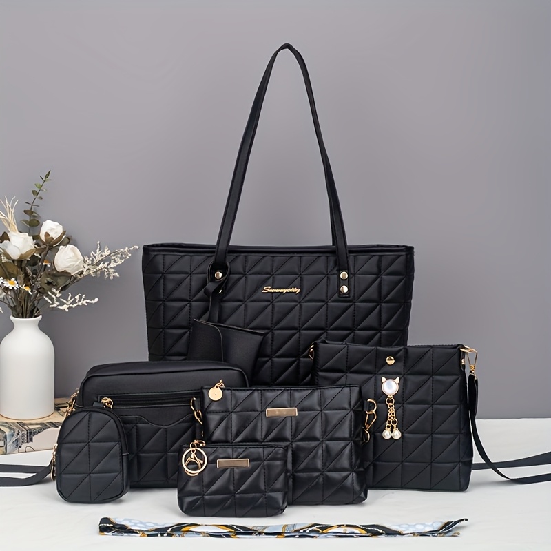 Image of New Fashionable Large-capacity Tote Bag 7pcs Set, Trendy Crossbody Bag With Versatile Hardware Accents, Includes Scarf Decoration, Suitable For