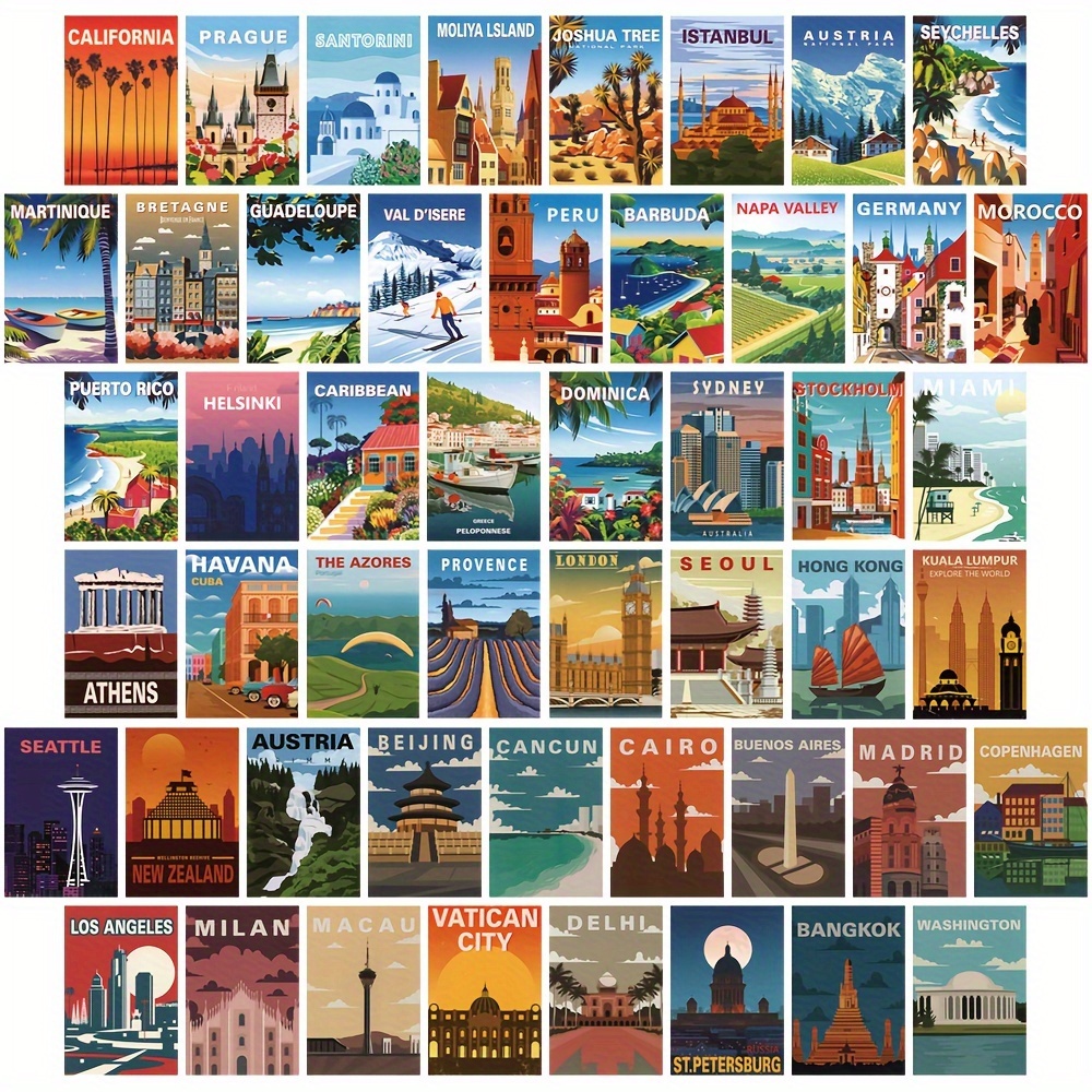 

50pcs Kit de Collage Affiches de Voyage Vintage, Urbains Rétro et , Décoration Murale , Ensemble de Cartes Postales de Destinations de Voyage ,