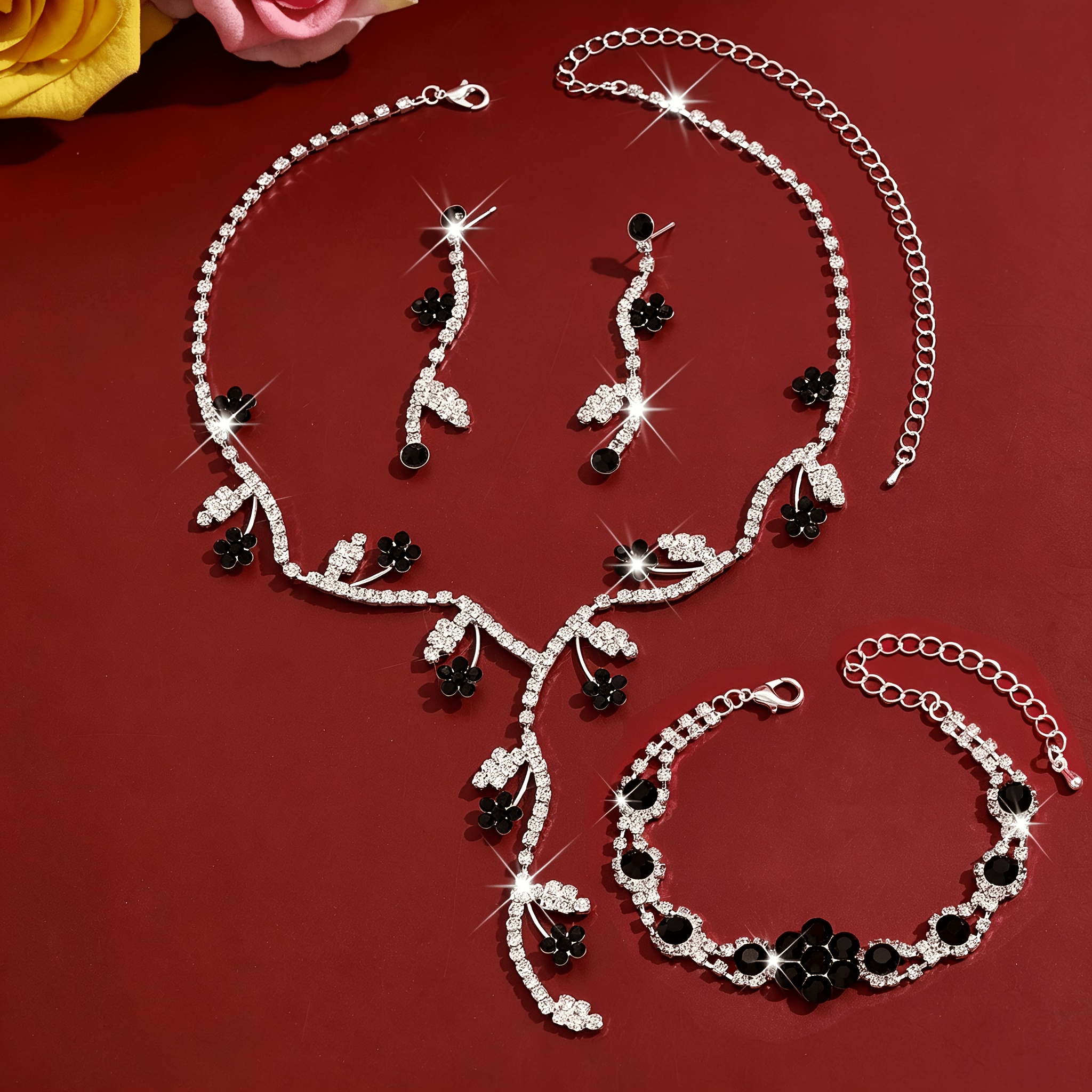 Elegant Women's Rhinestone Floral Jewelry Set, Gift Ready