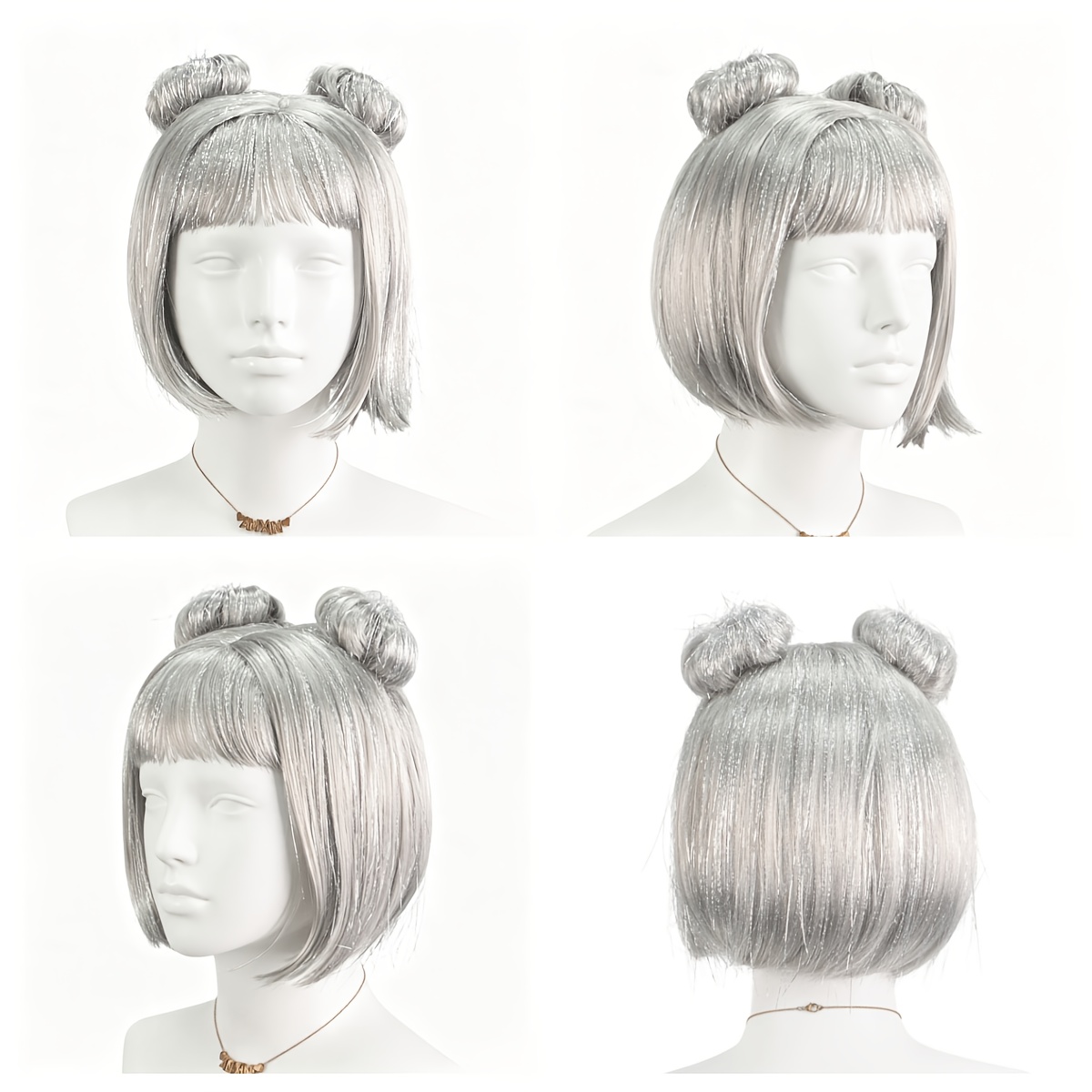 TEMU Perruque à Double Chignon Gris Argenté avec Éléments Brillants et Frange - Style Court Plein Anime/ACG, Parfaite pour Halloween//Fêtes pour se