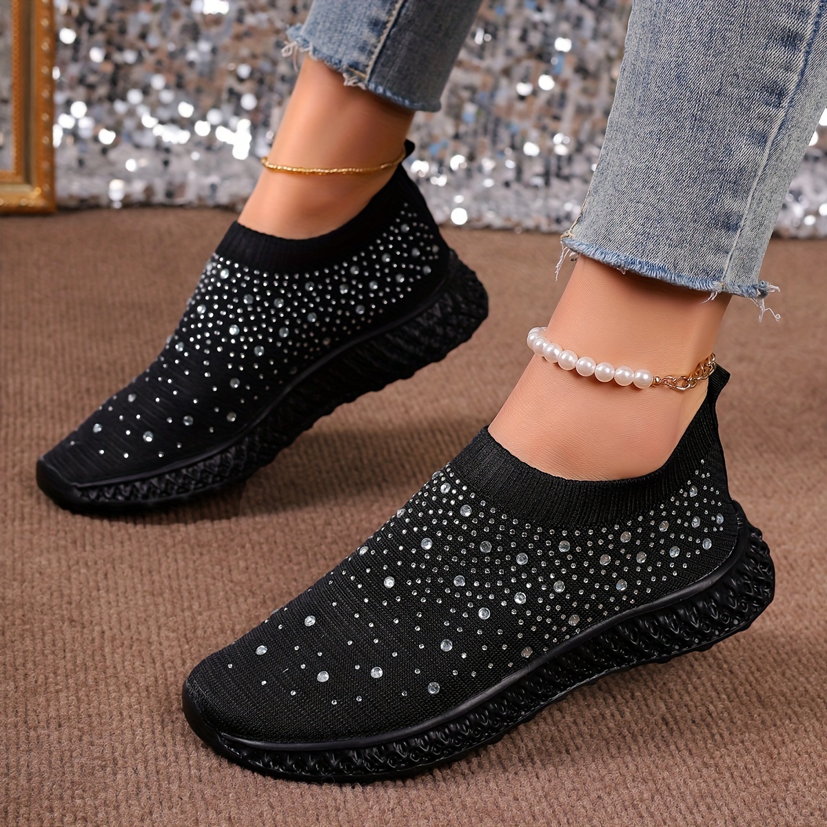 

Women's Rhinestone Decor Sock Sneakers, Trendy Slip On Knitted Sports Shoes, Breathable Outdoor Walking Shoes