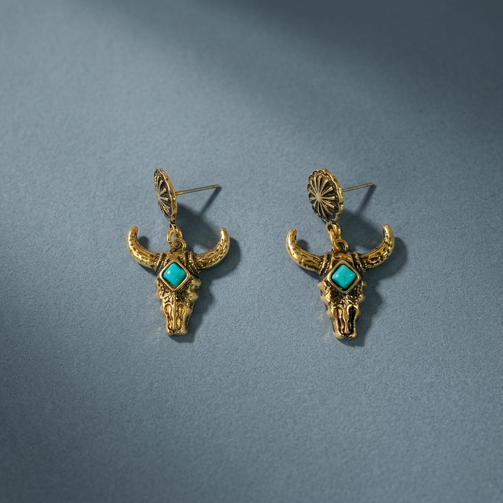 Women's Vintage Bull Skull Stud Earrings with Faux Lapis Lazuli