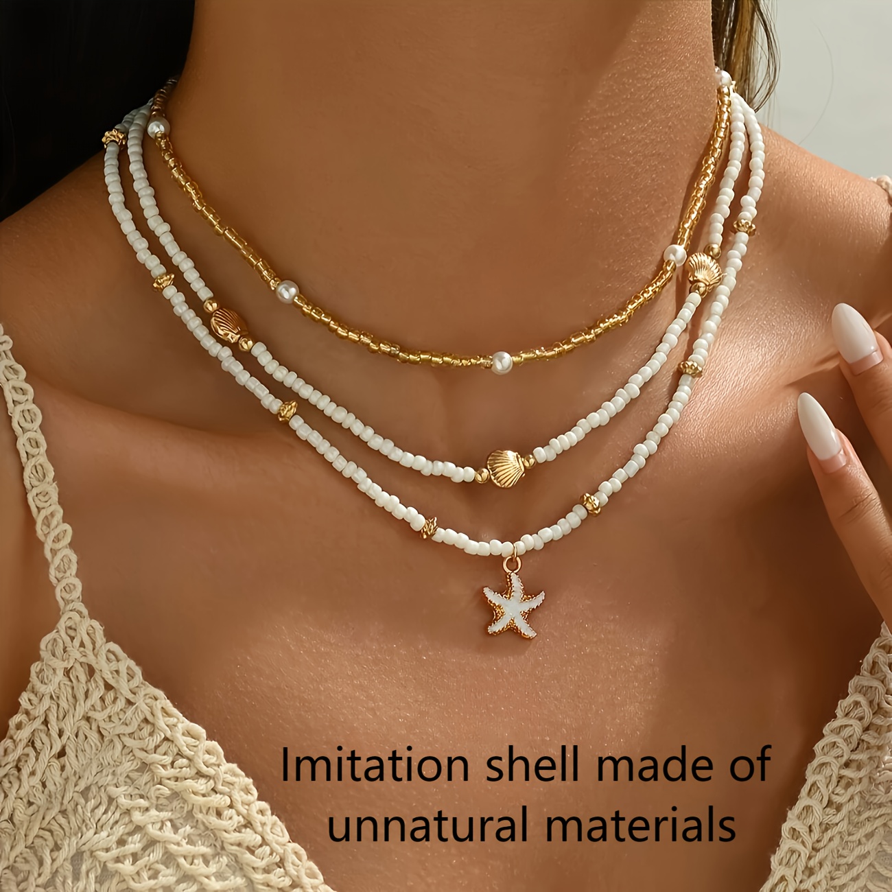 TEMU Conjunto de 3 collares para vacaciones en con colgantes artificiales de y conchas con collares de cuentas, para joyería corporal casual, de y de
