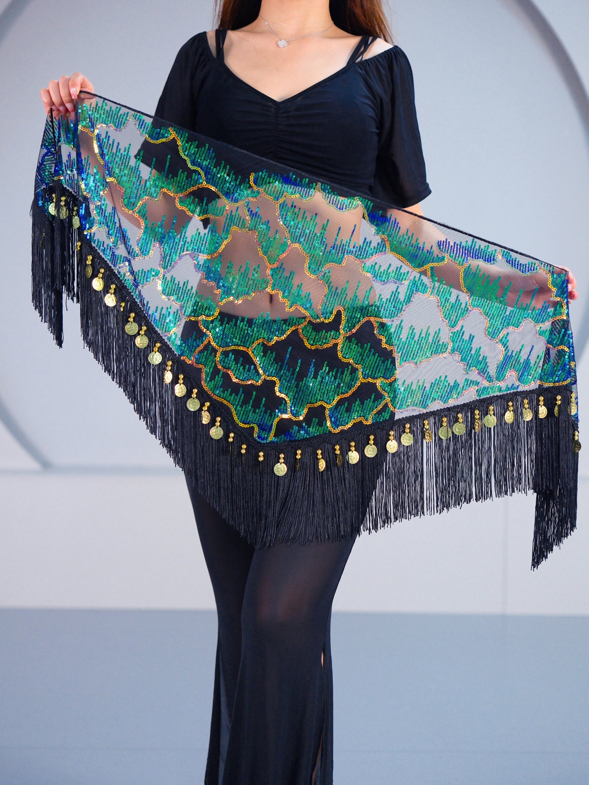 Women's Belly Dance Hip Scarf Sequined Mesh Triangle Wrap Skirt