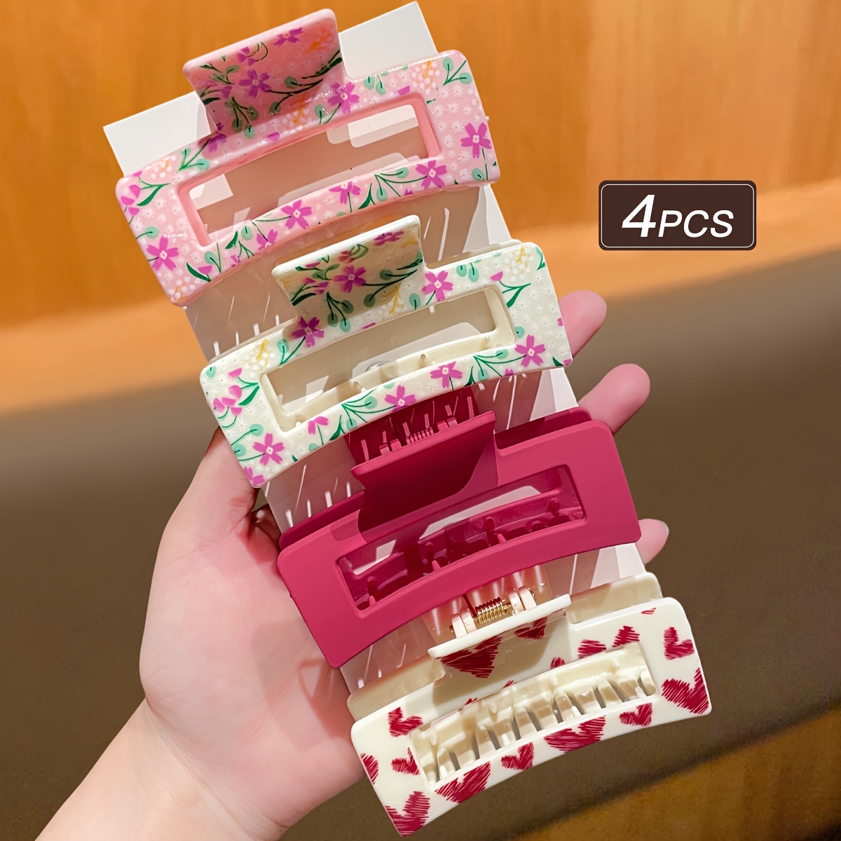 TEMU 4pcs Women's Hair Claws, Sweet And Cute, Fashionable And Easy, Large Square Hair Claw Hair Clips, And Not Easy To Fall Off, Suitable For