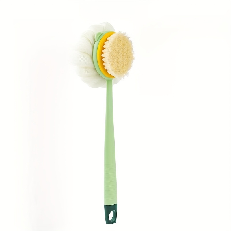 TEMU 1pc Shower Body Brush With Bristles And Loofah, Back Scrubber With Curved Long Handle, Massaging Bristles And Soft Loofah And Mesh Sponge For