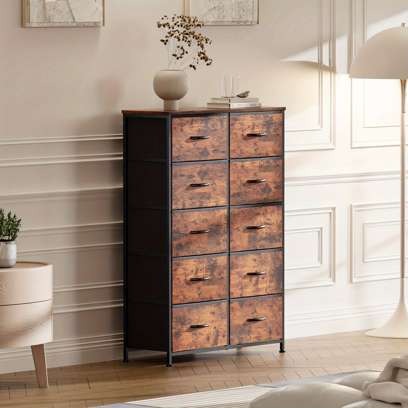 

Dresser, Dresser For Bedroom Tall Drawer Dresser Organizer Storage Drawers Fabric Storage Tower With 10 Drawers, Chest Of Drawers With Fabric Bin, Steel Frame, Wood Top For Bedroom, Closet, Entryway