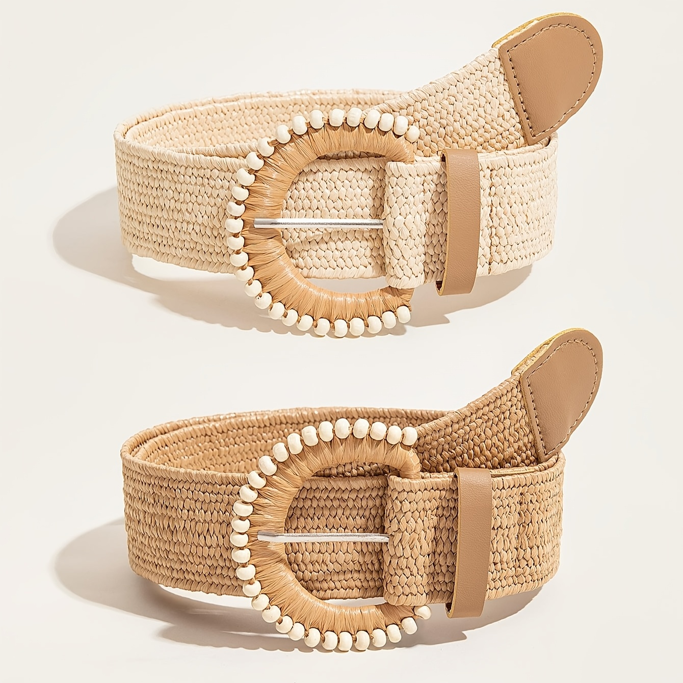 2pcs Women's Spring/summer Bohemian Half-round Beaded Button Pp Straw Strap Beach Vacation Outfit Set