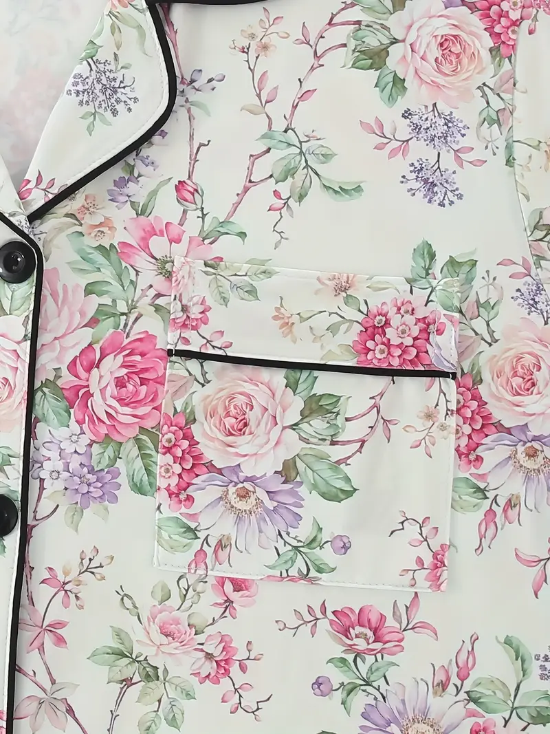 a floral pajama set featuring a short sleeve button up top elastic waist shorts and long pants suitable for year round wear casual womens sleepwear in Product details 5