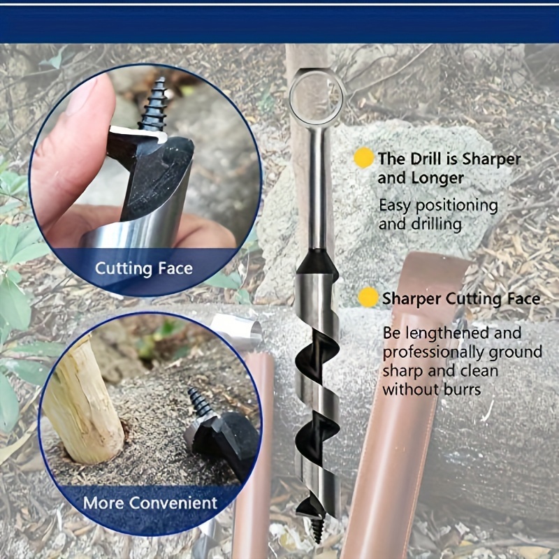 

1pc Black Survival Drill Bit Set, Extended Hand Drill With Quad-flute Design, 16mm Diameter, Outdoor Woodworking Tool, Includes Leather Holder, Precision Ground Sharp Cutting Face
