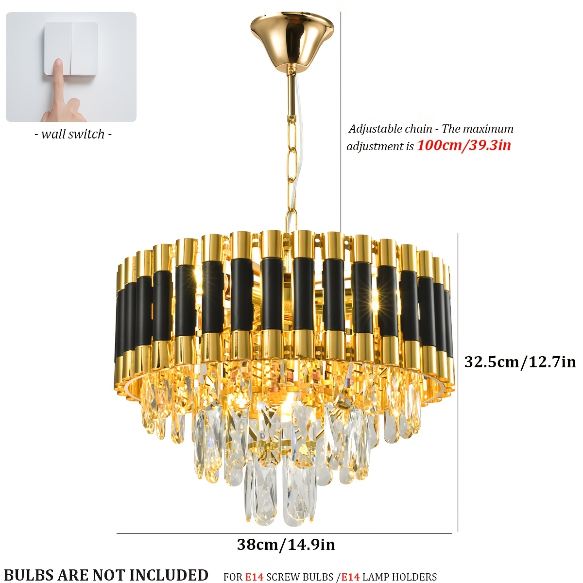 TEMU à suspension moderne en cristal, à suspension à couches de cristal, à suspension noir et doré de 14,9 pouces, plafonnier style goutte, convient