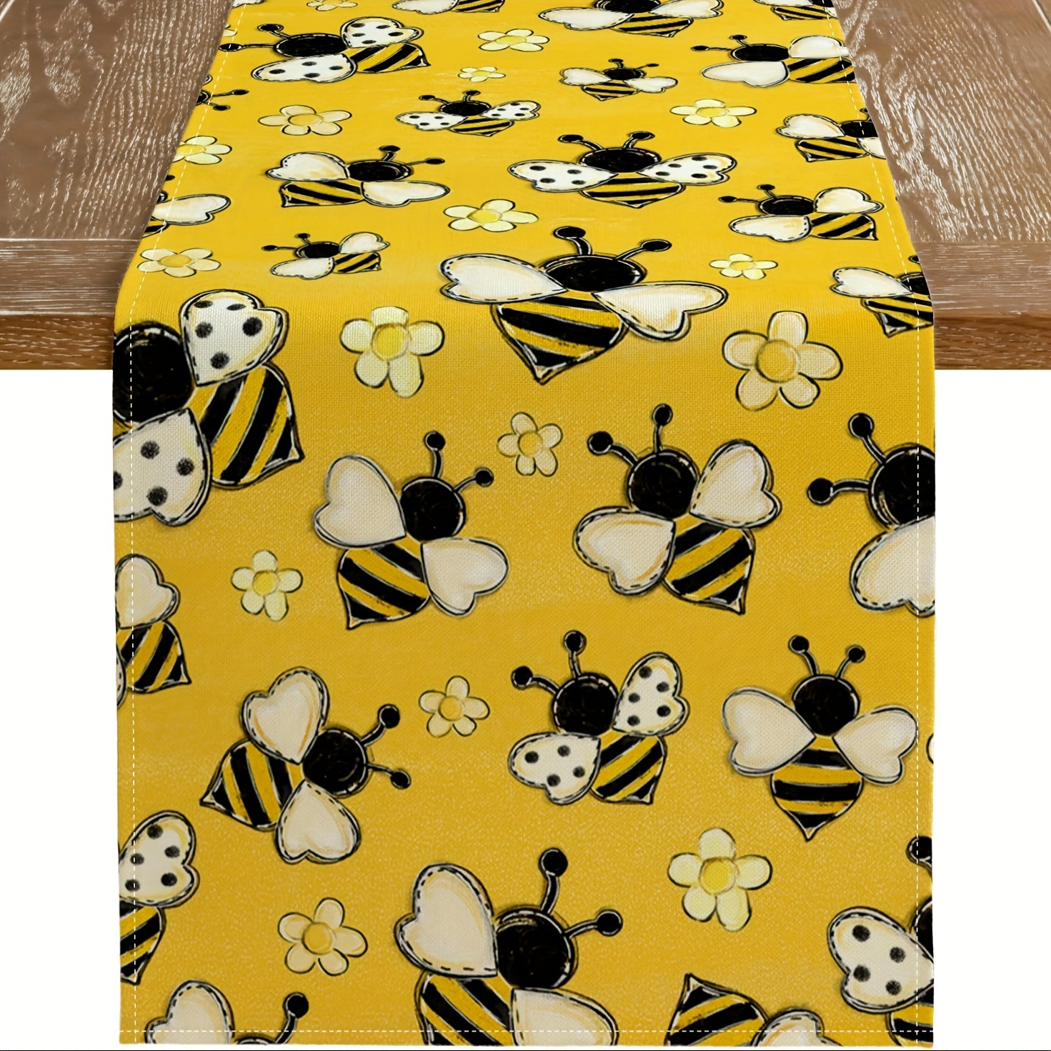 

1pc, Table Runner, Bee And Ladybug Design Yellow Table Runner, Farmhouse Style, Linen Material, Seasonal Indoor Kitchen And Dining Table Decor For Home Parties And Anniversaries