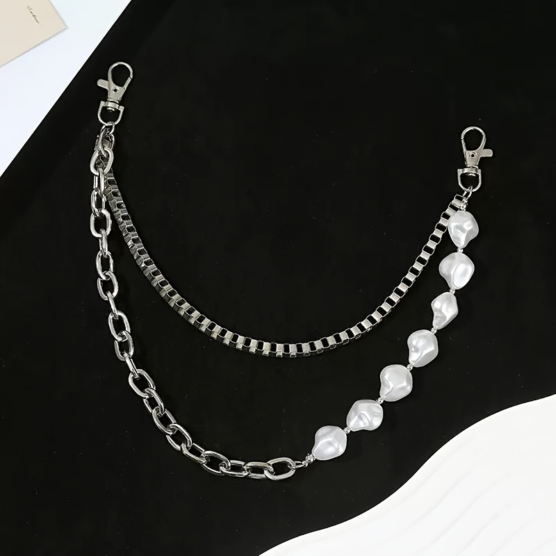 TEMU Pearl Double-layer Accent, Mixed Metal Clip-on Belt For Jeans, Y2k Gothic Punk Irregular Pearl Chain, Unisex Hip Hop Streetwear Outfit Accessory