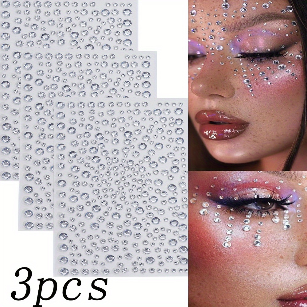 TEMU 3-delige set gezichtshaar synthetische edelstenen strassstickers, ooghaar juwelen gezicht juwelenstickers, DIY gezicht synthetische edelstenen