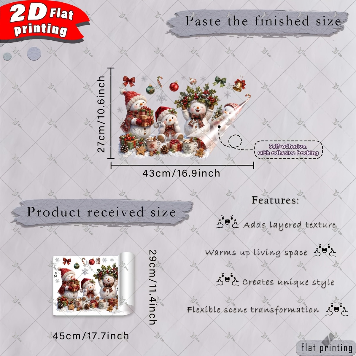 TEMU 2D Plat - 2D Plat - 1 stuks 2D Plat Gedrukte Kerst Sneeuwpop Elf Poinsettia Cadeau Pijnboomstokje Snoepstok Kerst Ballon 30*45Cm Raamstickers,