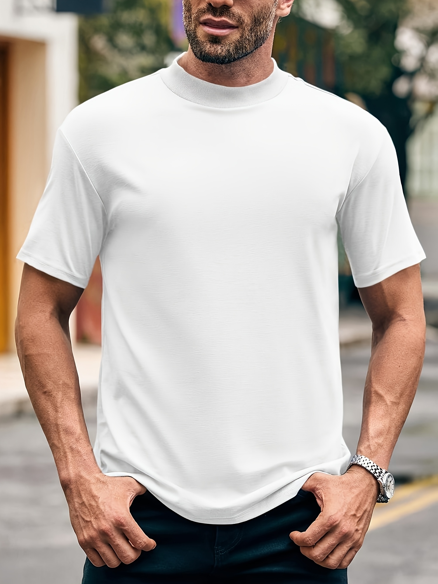mens short sleeve ribbed turtleneck mock neck tee high neck - Temu