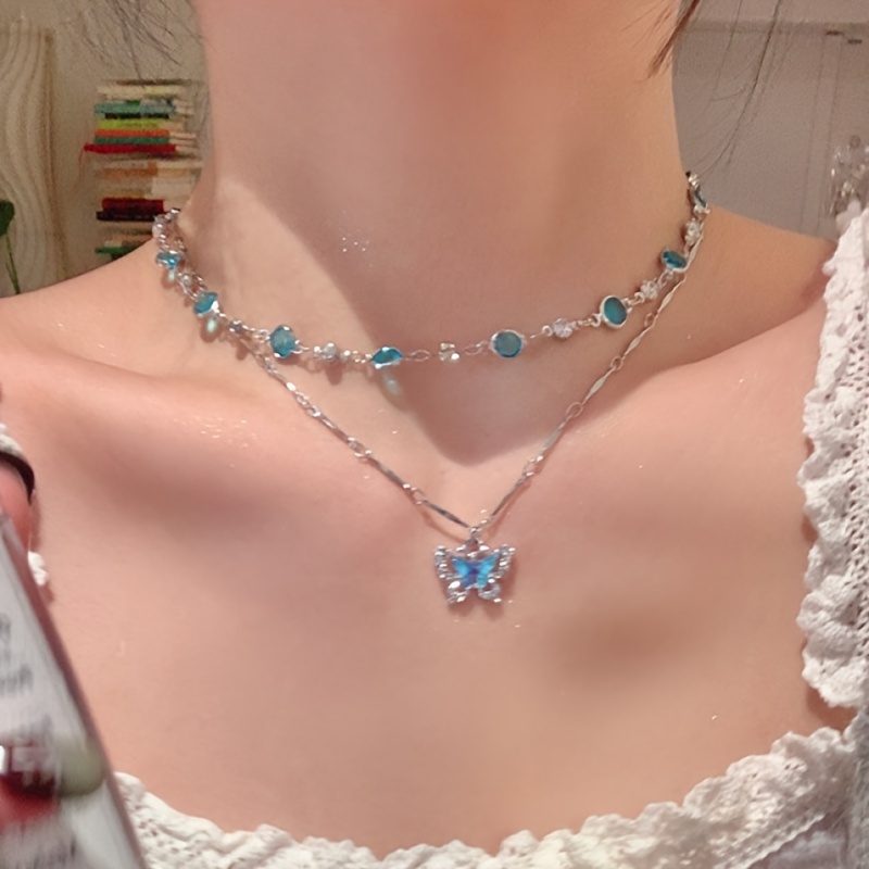 TEMU 2pcs Stainless Steel Gradient Blue Pendant Double Layer Necklace, Y2k Sweet Iridescent Double Layer Clavicle Chain, Women's Exquisite
