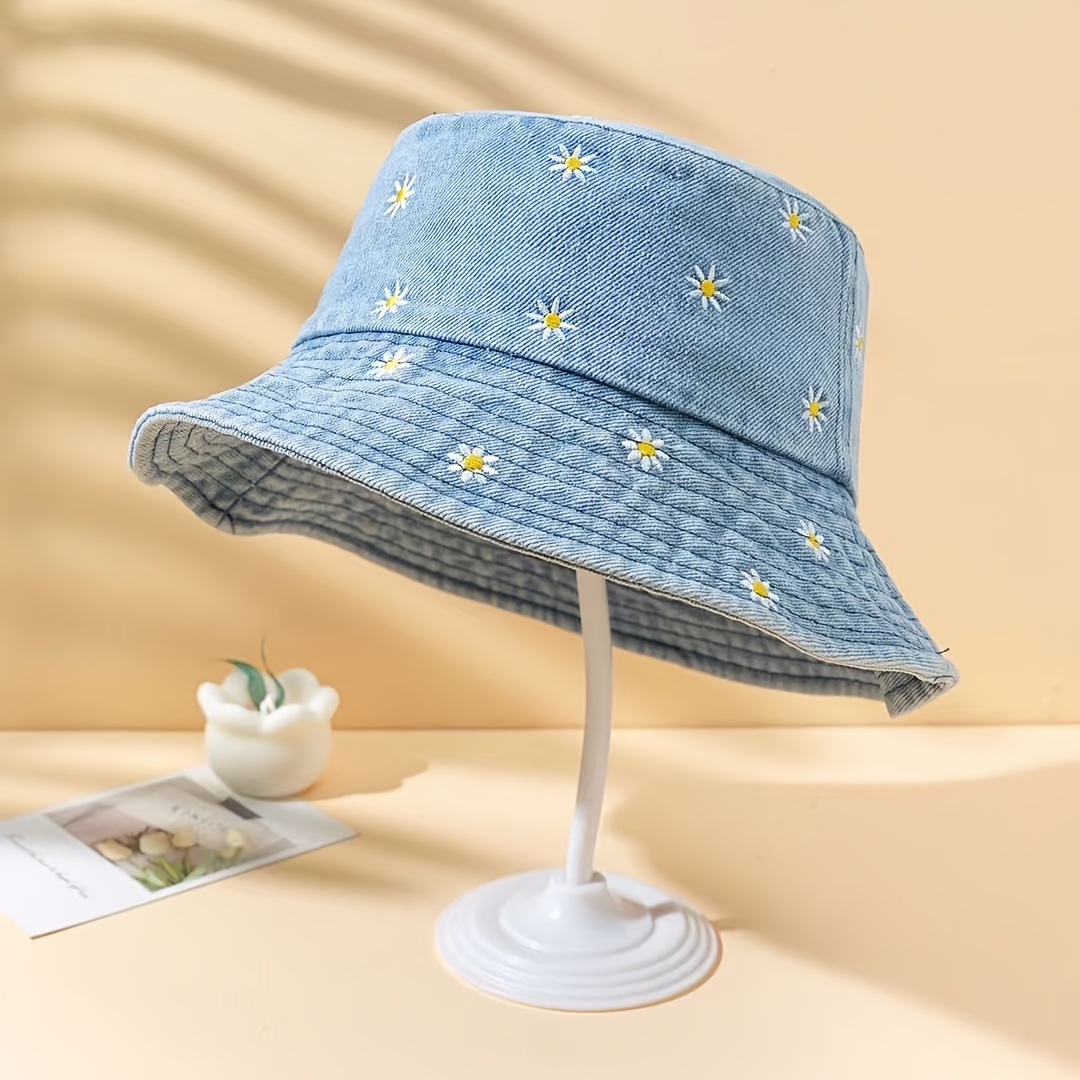 TEMU Classic Daisy Embroidery Bucket Hat Vintage Washed Distressed Casual Basin Hats Breathable Lightweight Sunshade Fisherman   For Women