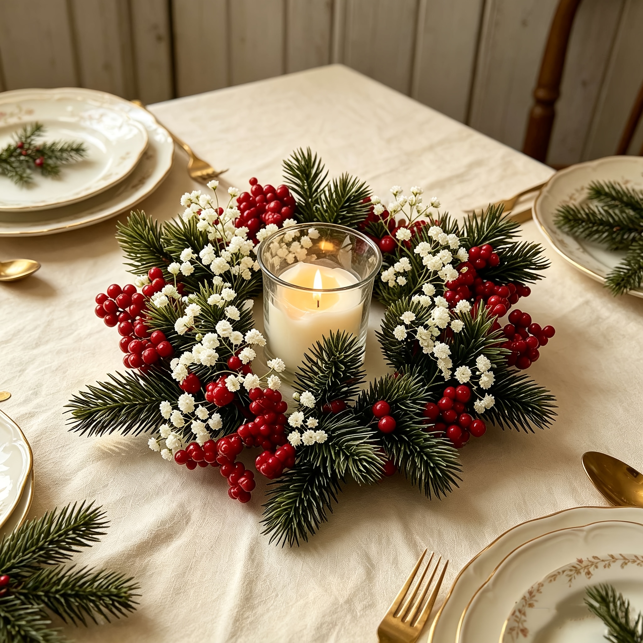TEMU Artificial Candle Ring Candlestick, With Red Berries And Pine Cones Baby's Breath, For Home, Christmas, Doorway And Tabletop Decoration Candle