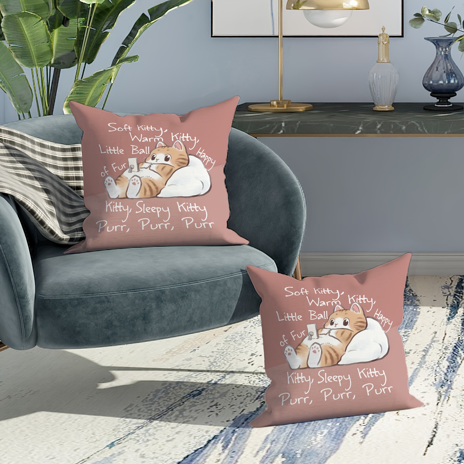 

2 Pcs Velvet Throw Pillow Covers - Cute Cartoon Cat Design, 18in X 18in, Soft Pink, Suitable For Living Room, Bedroom, Sofa, And Bed Decoration - Without Pillow Inserts