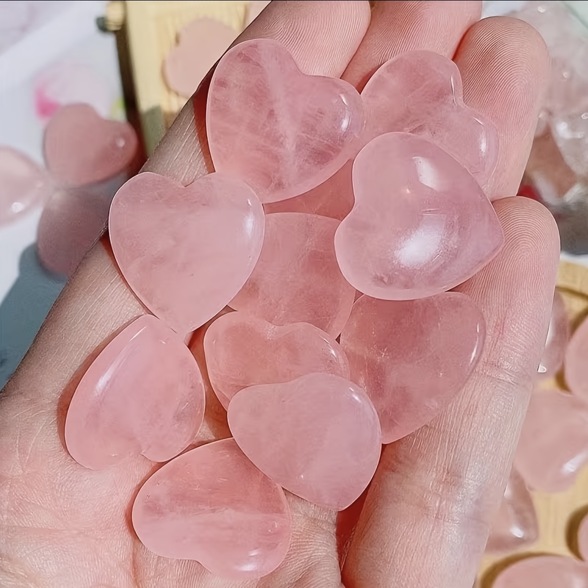 E-shop 10er Set Natürliche Rosenquarz Herzförmige Palmstein - Hellrosa, Glatt und Transparent, für Valentinstag, Muttertag, Weihnachtsgeschenke,