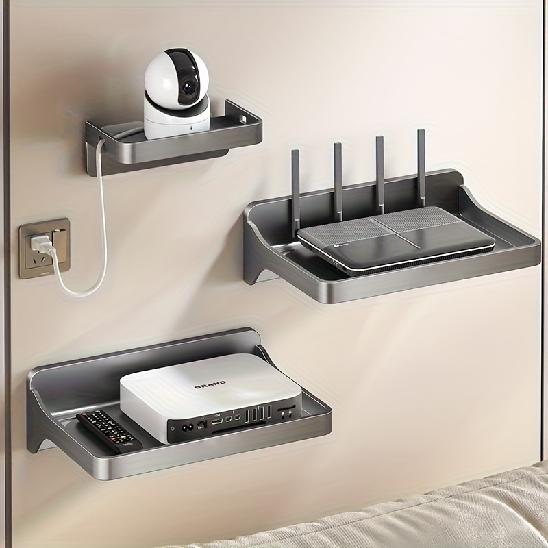 No-Drill Wall-Mounted Storage Shelf with Suction Cup/Legged Design - Heavy-Duty Plastic Modern Grey Shelf for Router, TV Box, Camera - Indoor/Outdoor Use, Space-Saving Shelving Unit with Cable Management, Holds Router, DVR, Streaming Devices -  , Scratch-Resistant, Contemporary Style, No Screws Required, Durable & Stable for Living Room or Office Decor, Floating Shelves