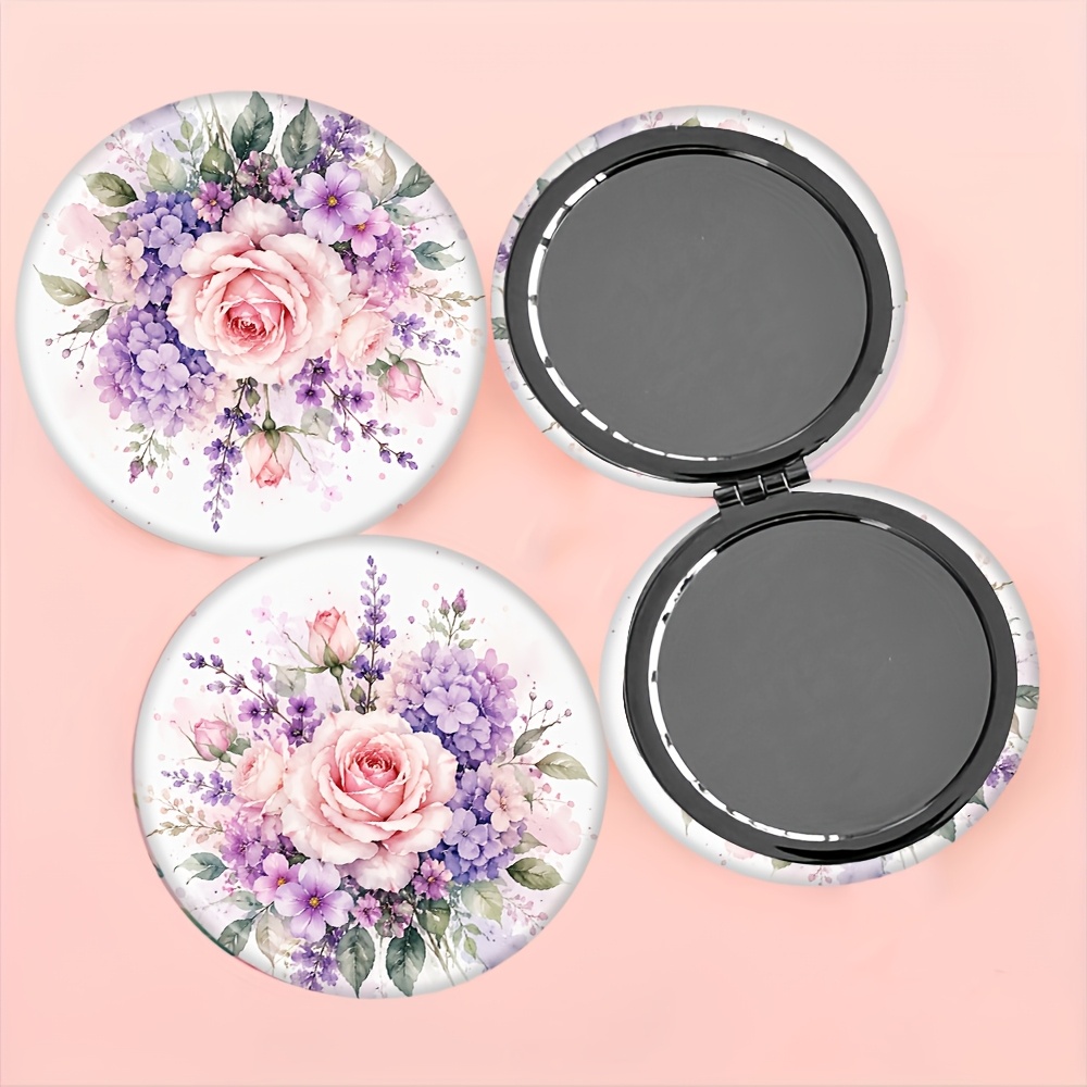 Watercolor Floral Round Mirror, Double-Sided & Portable