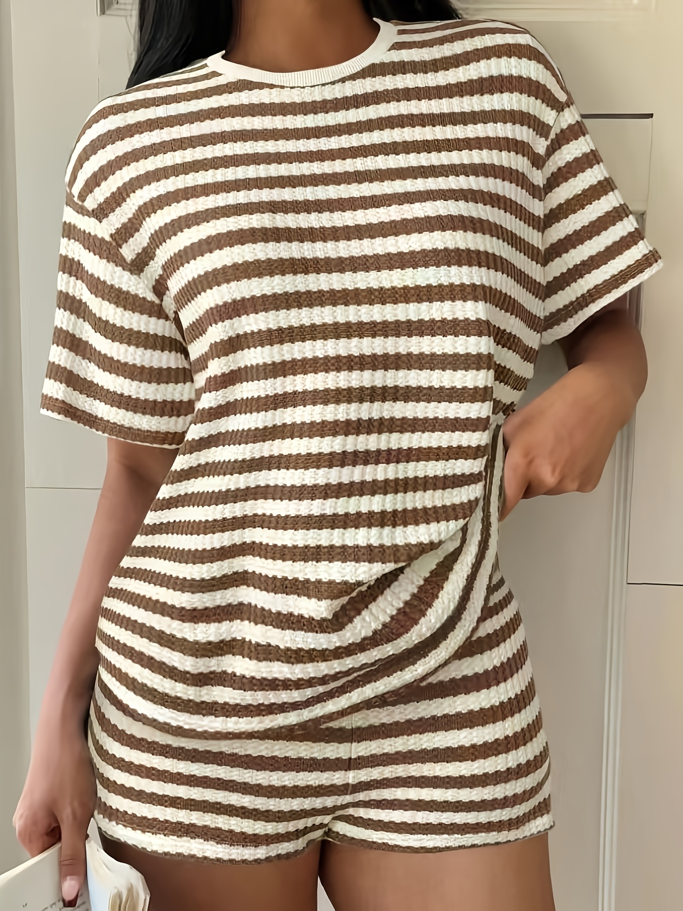 spring summer womens casual outing fashion simple striped shorts t shirt two piece set