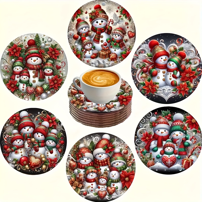 

Christmas Snowman Coasters Set Of 6 - Artistic Plywood Drink Mats For Beverage, Coffee, Office, Kitchen & Dining Table - Festive Tabletop Protection Pads, Birthday & Holiday Gifts