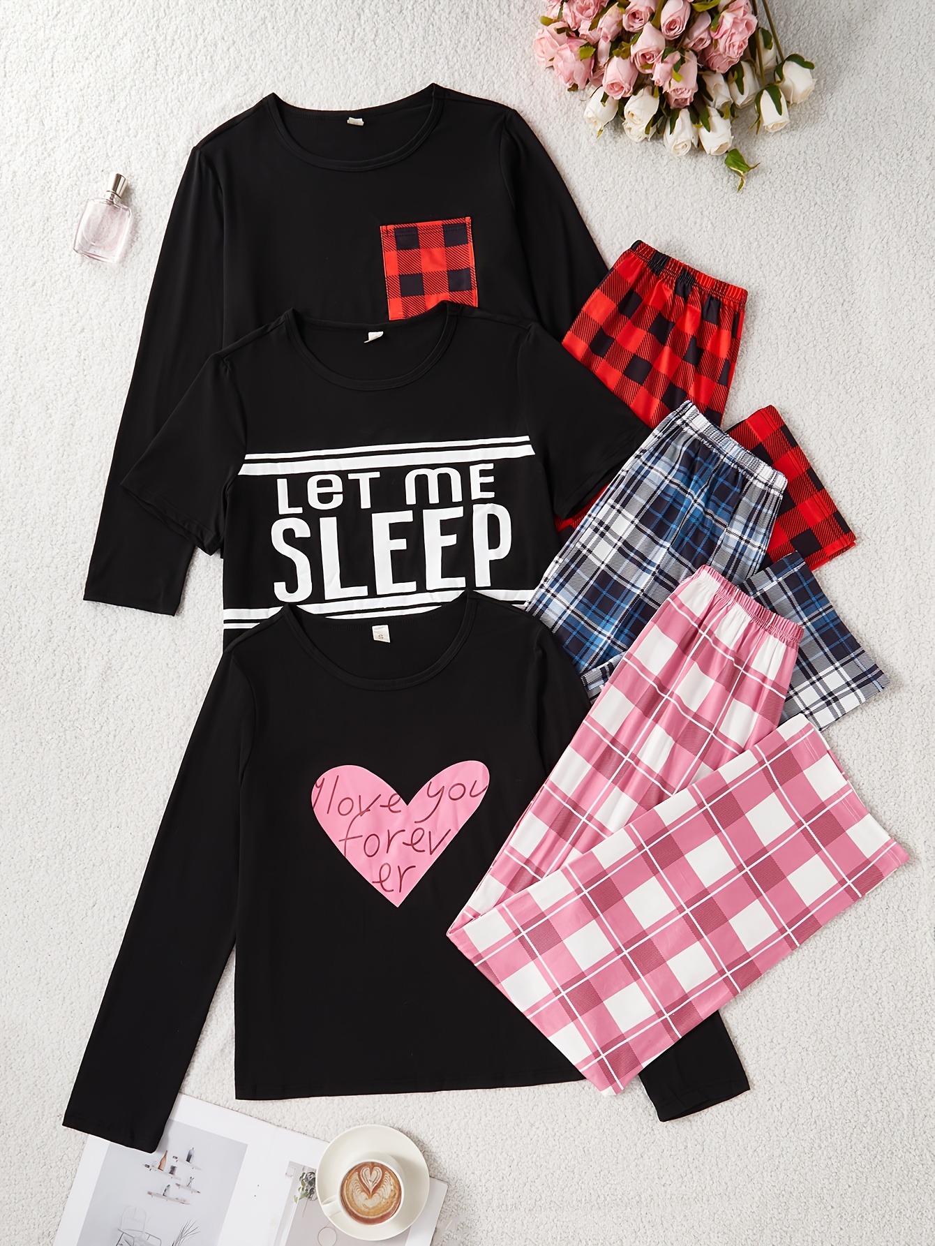 womens   piece casual pajama set with letter print long and short sleeve     pants sleepwear outfit Product details 1