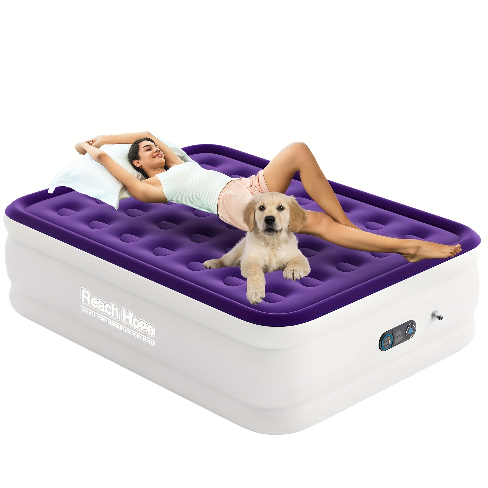 TEMU Grand Matelas Gonflable Extérieur pour Maison, Sac de Rangement Portable Équipé, avec Pompe Intégrée à Gonflage Rapide, , le Camping et