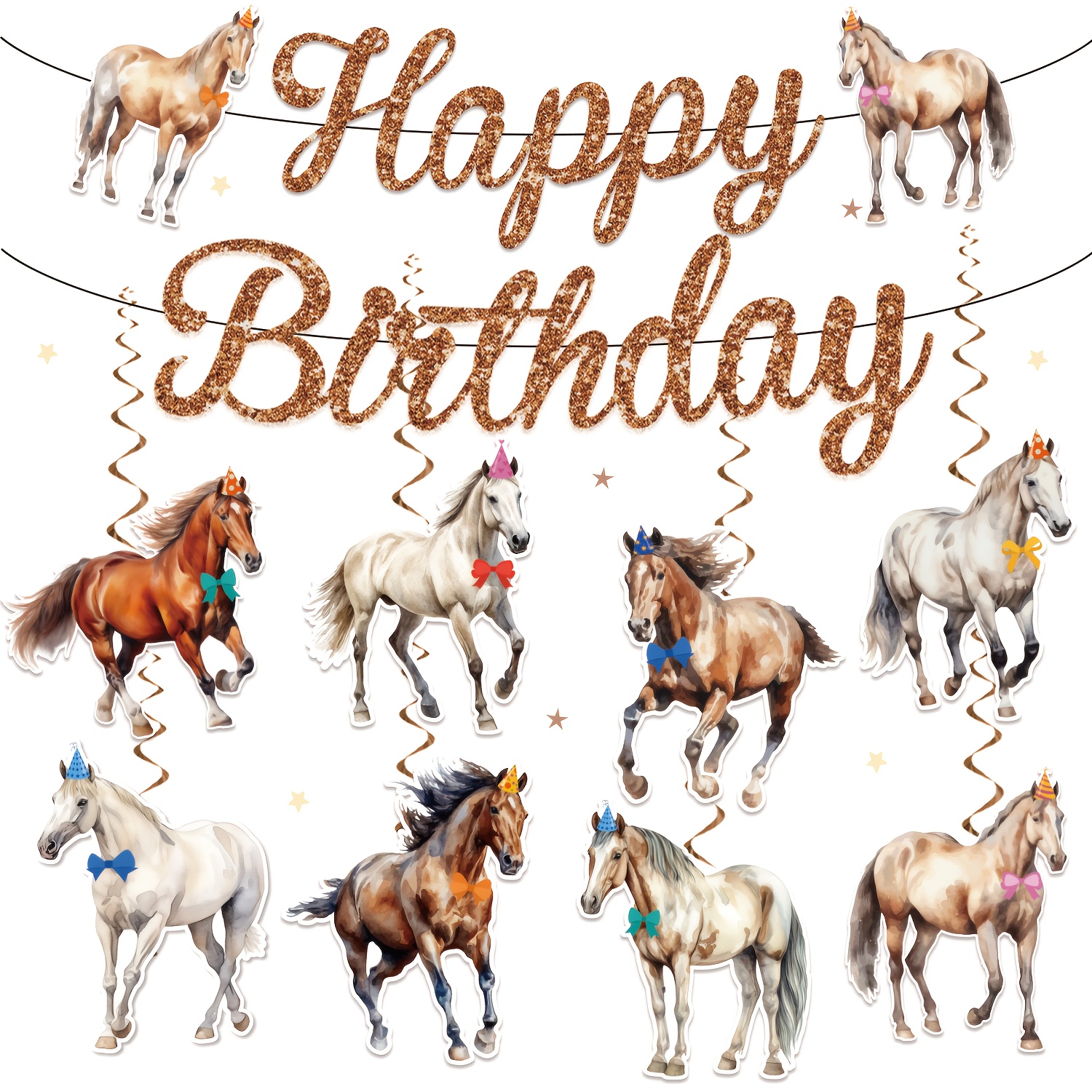 Image of 25pcs, Party Banner Flags, Themed Birthday Party Flag Decorations, Including Horse Themed Ceiling Hanging Swirl Decorations, Suitable For Western Horse Themed Birthday Party Supplies