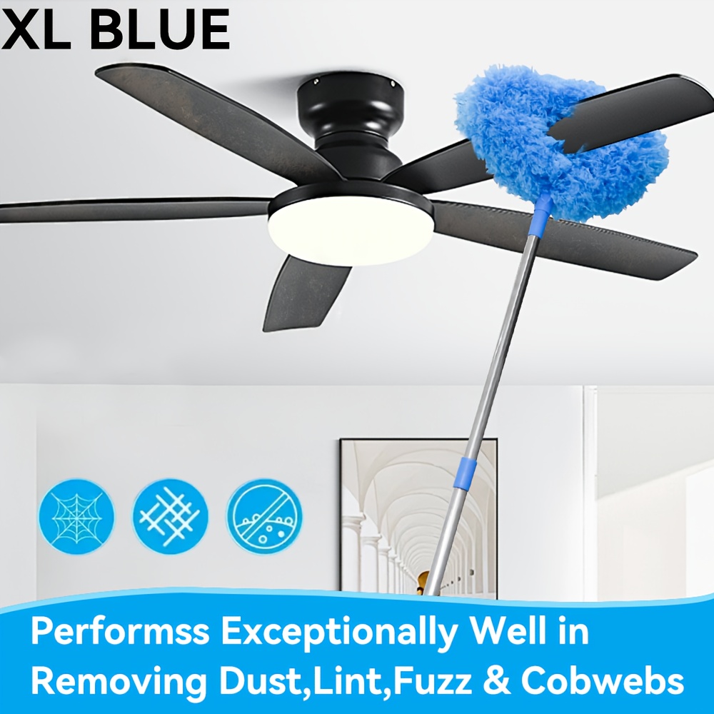 

Microfiber Ceiling Fan Duster - Extendable Up To 12 Feet, Blue, Long Shank, Locks Dust, Reusable, Machine Washable Cleaning Brush,