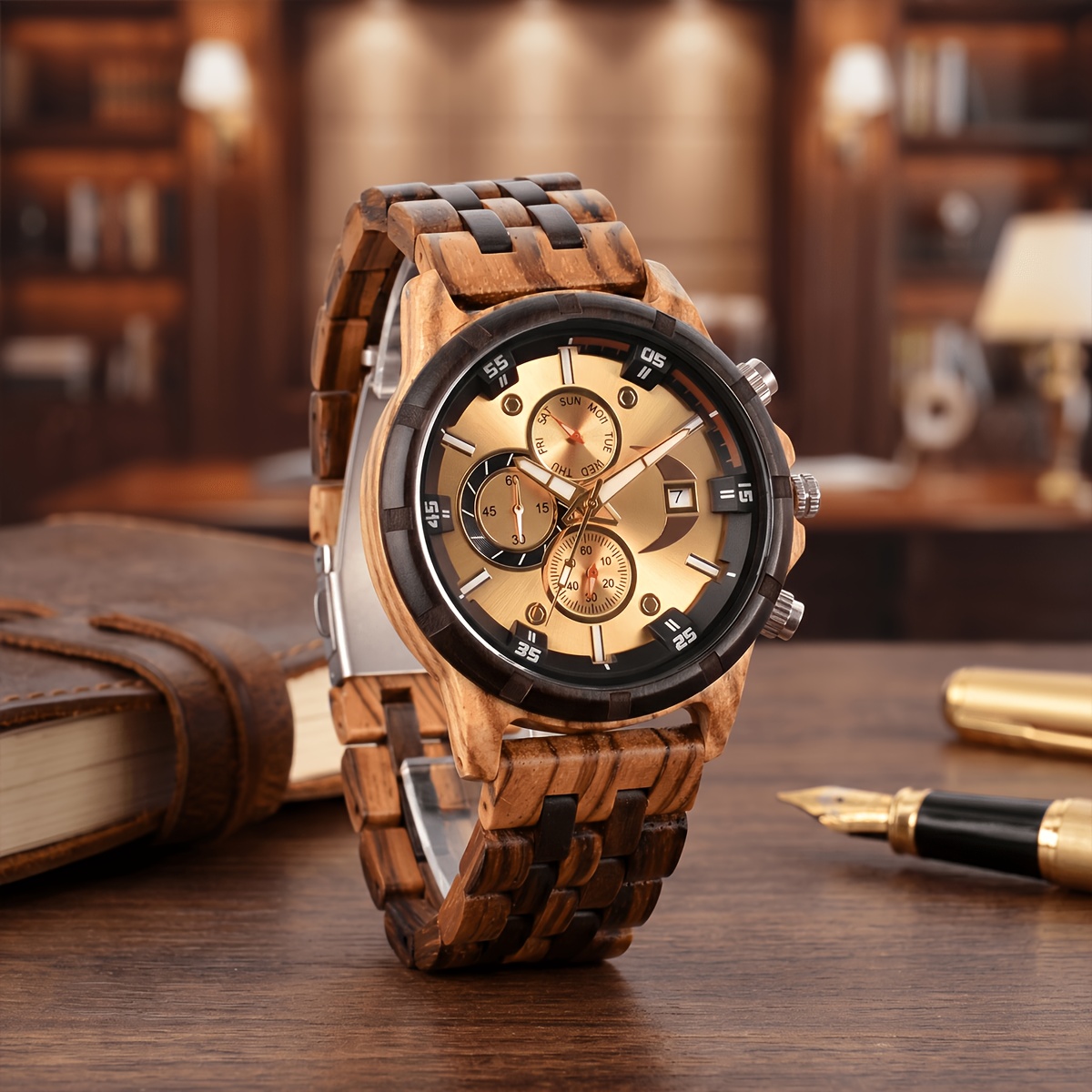 1pc Wooden Men's Watch And 1pc Watch Adjuster And 1pc Watch Box Wooden Wristwatches For Men Fashion Quartz Wristwatches With Clock Date Week Wood Watch Box For Him