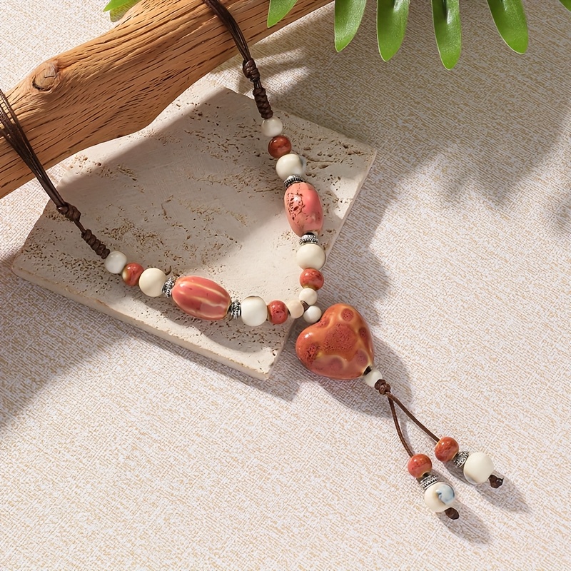Hand Woven Beaded Ceramic Love Long Necklace for Women