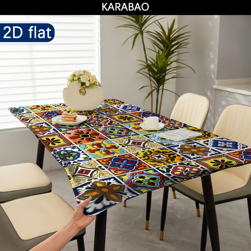 TEMU 1pc Outdoor Stretch Tablecloth, Mediterranean Style Painted Tile Pattern Outdoor Tablecloth With Design, Machine Washable, Outdoor Table Cover,