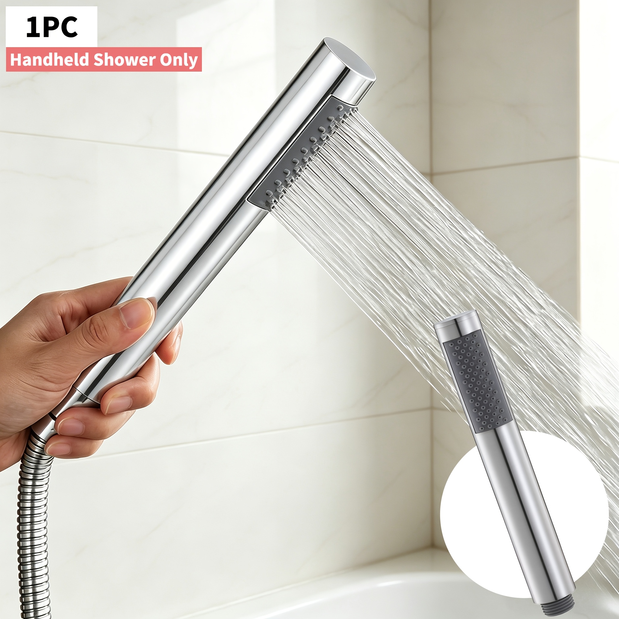 TEMU 1pc Bathroom Handheld Shower Head Sus304 Stainless Steel High Pressure Hand Held Shower Head Nozzle With Rubber Outlet Round Shower Sprinkler