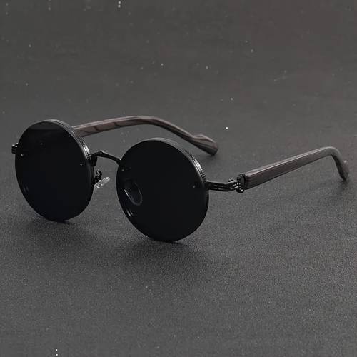 retro steampunk elegant round metal frame fashionable glasses with wood grain legs suitable for men and womens outdoor sports parties vacation travel driving fishing and photo props