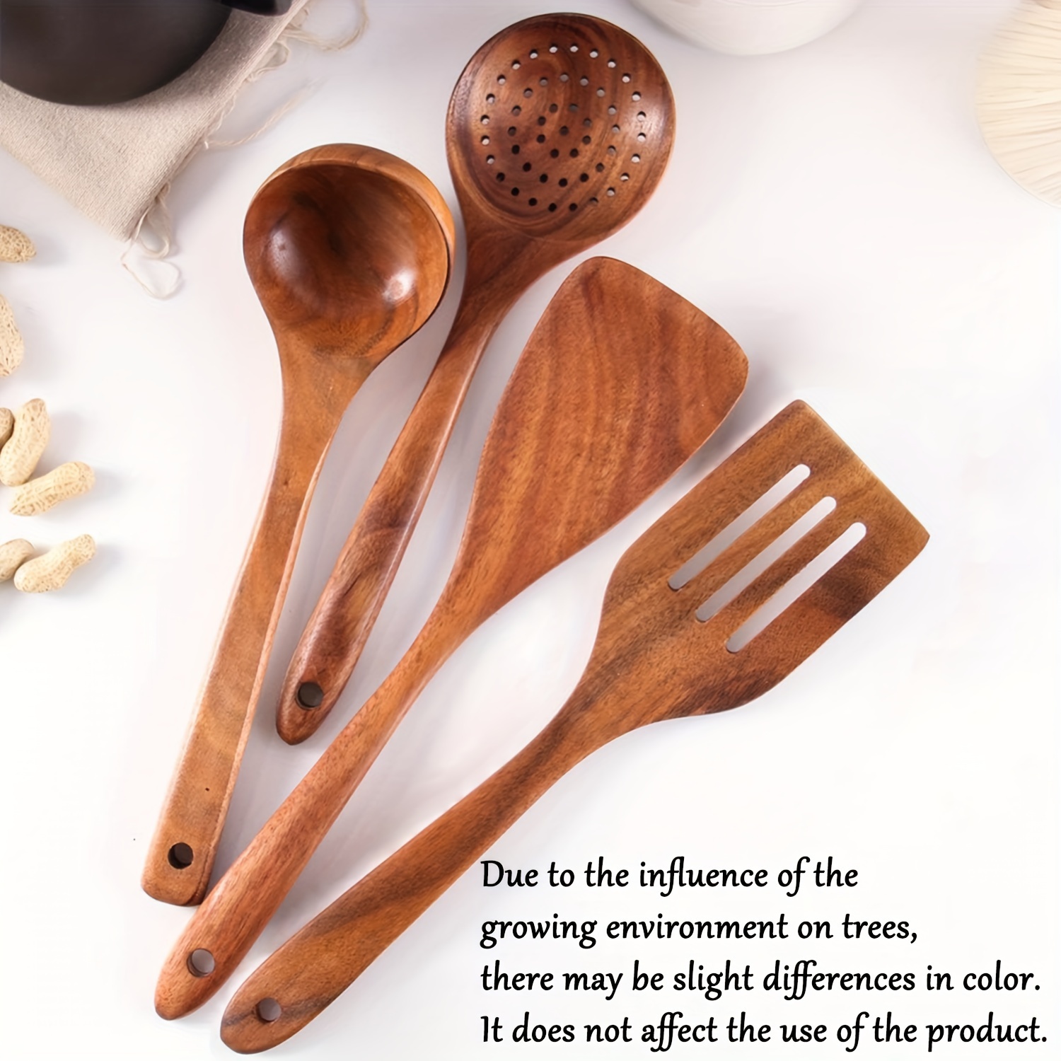 Image of Aiuhi 4pcs Wooden Cooking Utensils, Wooden Spoons For Cooking, Grip, Wooden Kitchen Utensils For Nonstick Cookware