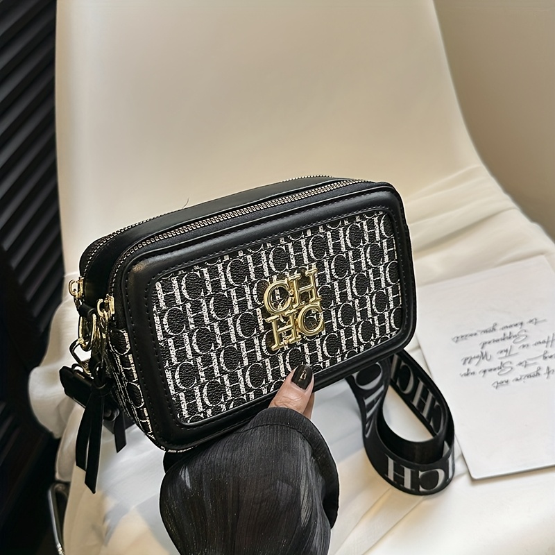 

Chic Letter Print Crossbody Bag For Women - Square Shoulder Purse With Wide Strap, Elegant Leather With Polyester Lining, Zip Closure - Daily & Shopping