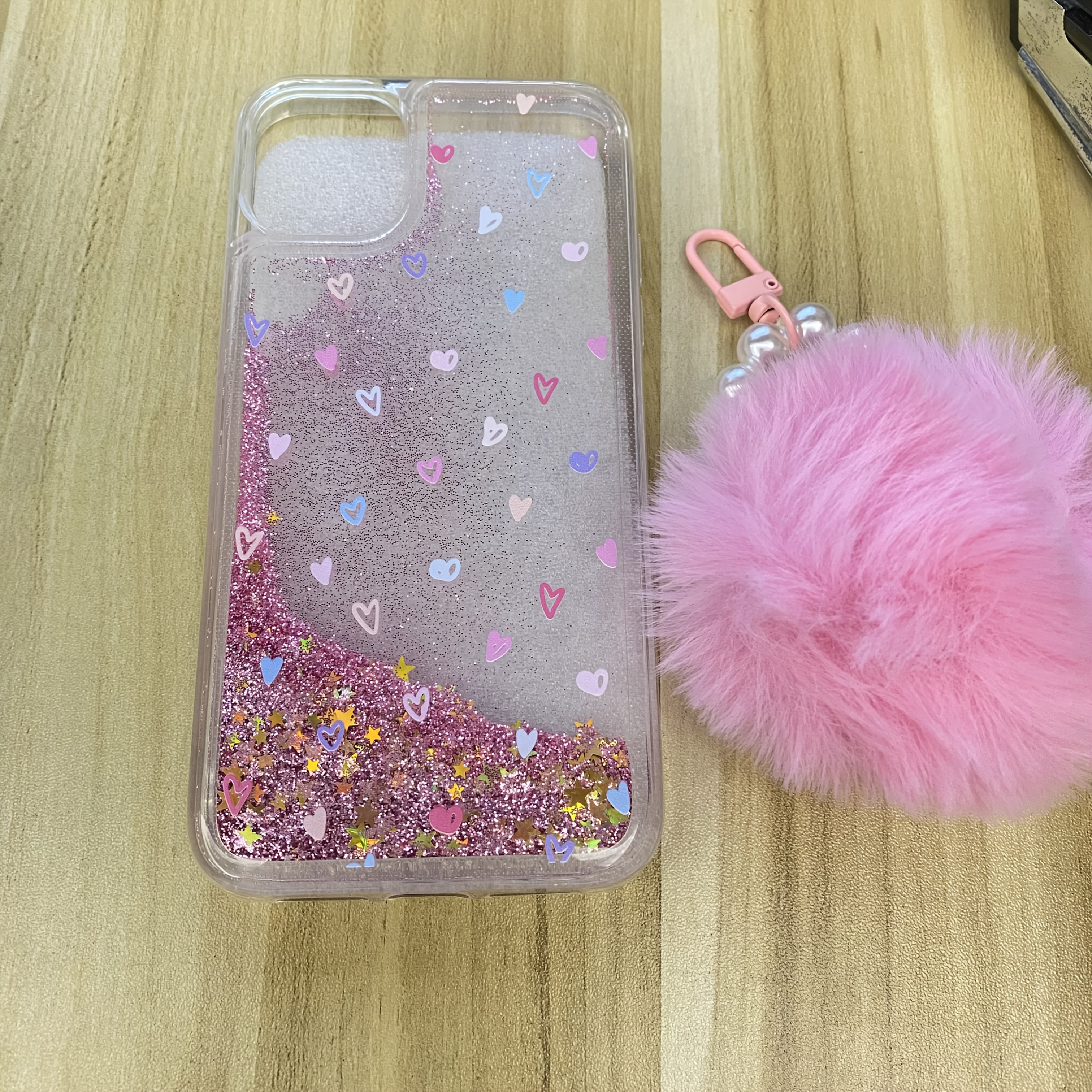 TEMU Phone Case - [1-set] Iphone Full Series Anti-fall Iridescent Liquid Shell And Pearl Plush Ball Pendant | Compatible With