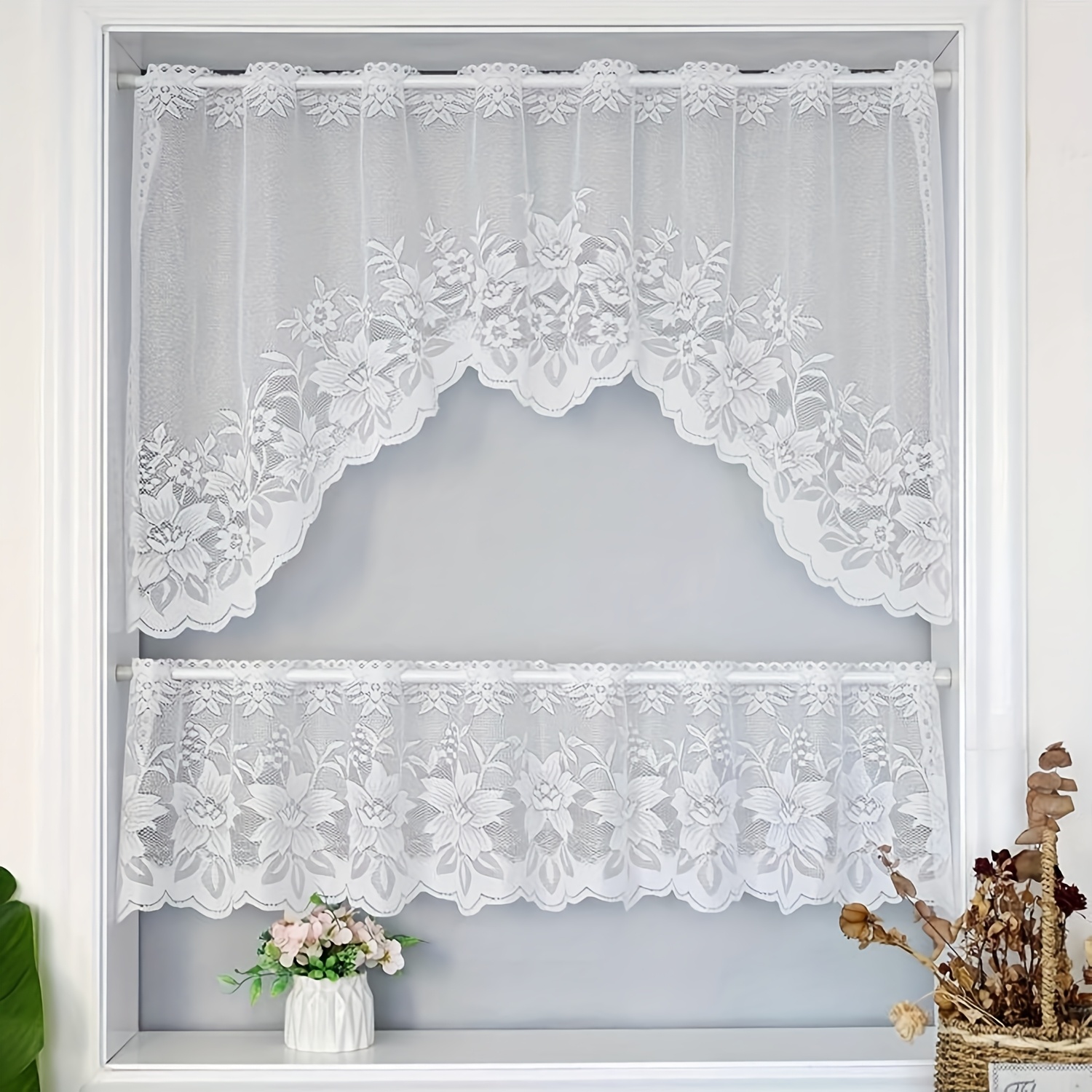 

2pcs French Country Floral Lace Kitchen Curtains - Lightweight, Semi-sheer Window Drapes For Living Room & Bedroom Decor