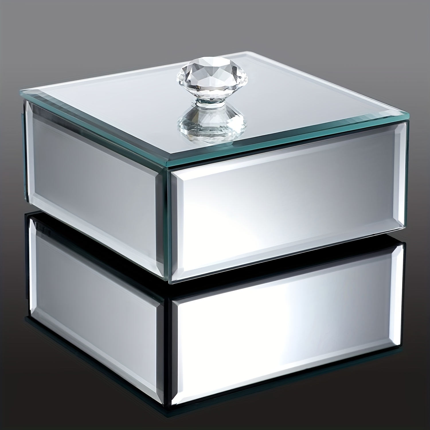 

Silvery Glass Mirror Jewelry Box With Crystal Handle Square Ornament Storage Box Classic Souvenir Box For Storing Rings, Earrings, Necklaces And Stand