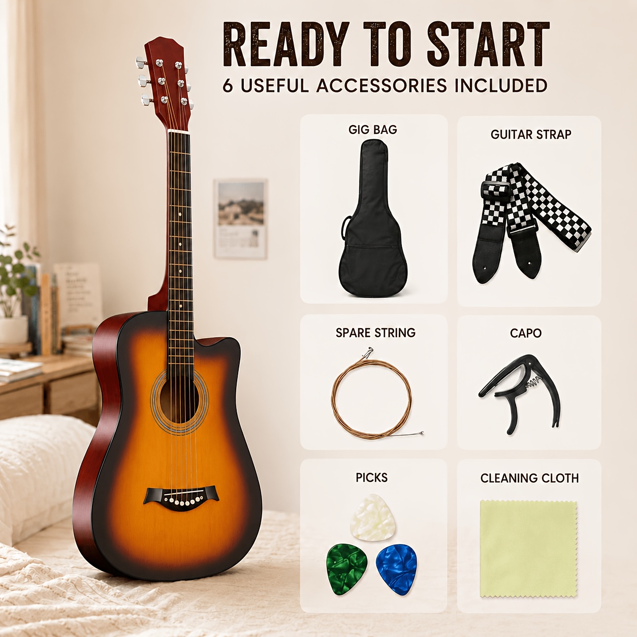 38 Inch Beginner Acoustic Cutaway Guitar, Entry-Friendly Smooth... product image 11